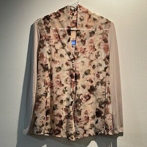Simply Vera Vera Wang Floral Blouse Pink Taupe Sheer Long Sleeve PM.